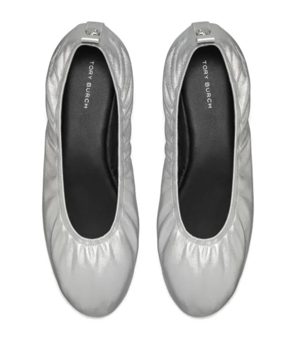 Tory Burch Flats Eddie 2.0 Ballerina Shoes Metallic Silver Leather size 8